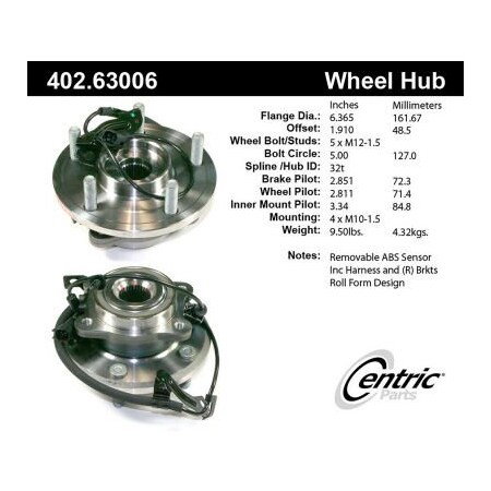 Centric Premium Hub and Bearing Assembly; With Integral ABS, Parts 402.63006